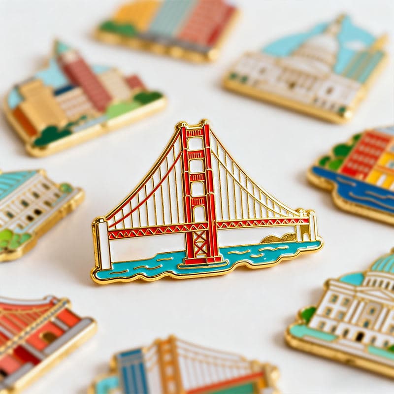 Collection of colourful landmark enamel fridge magnets with a London bridge design in front